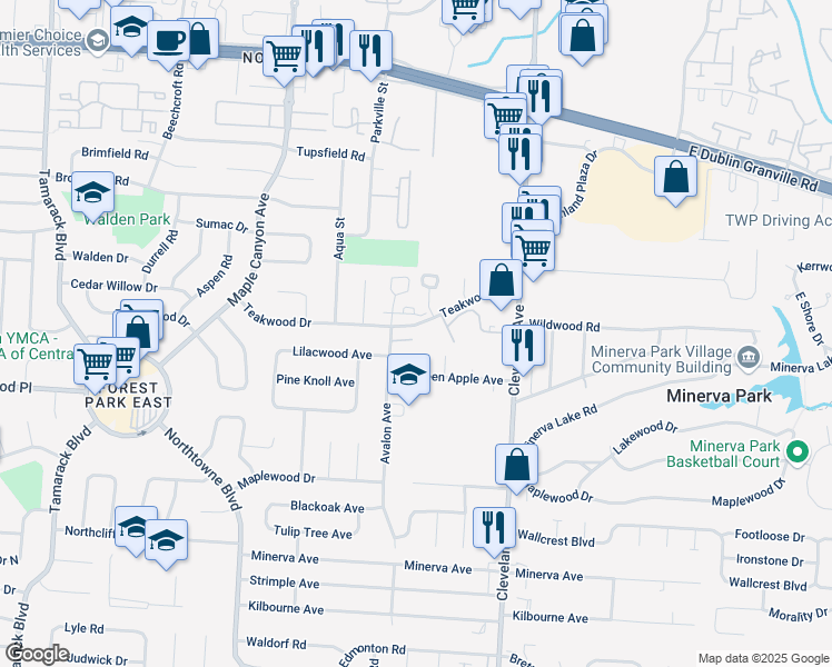 map of restaurants, bars, coffee shops, grocery stores, and more near 2286 Teakwood Drive in Columbus
