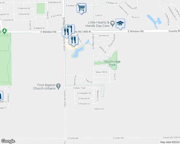 map of restaurants, bars, coffee shops, grocery stores, and more near 3107 Chatham Drive in Urbana