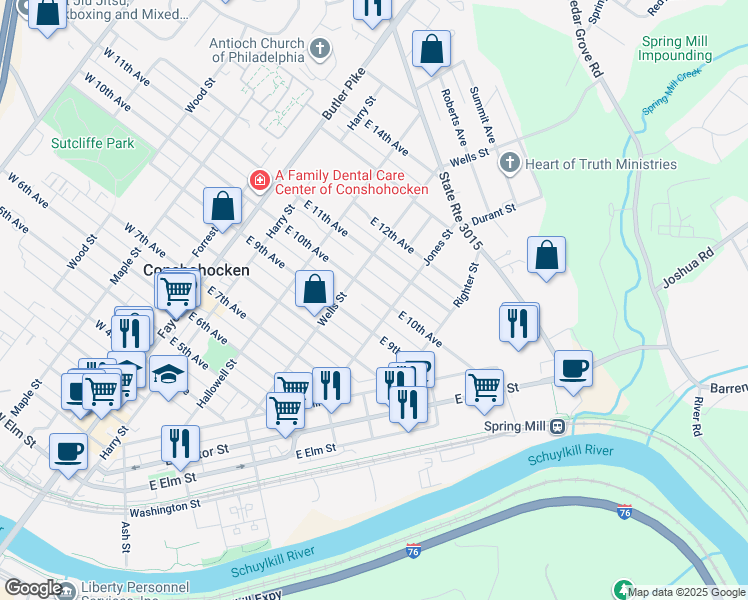 map of restaurants, bars, coffee shops, grocery stores, and more near 325 East 10th Avenue in Conshohocken