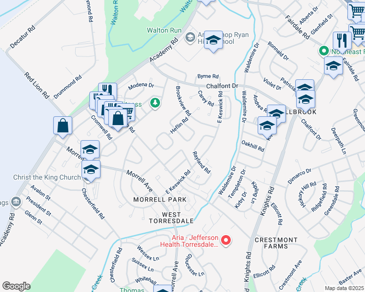 map of restaurants, bars, coffee shops, grocery stores, and more near 3551 Dows Road in Philadelphia