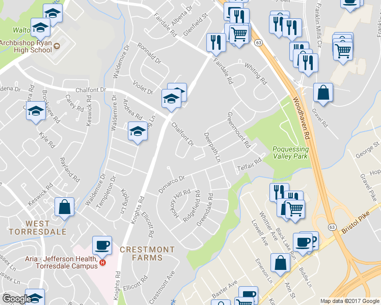 map of restaurants, bars, coffee shops, grocery stores, and more near 11145 Drake Drive in Philadelphia