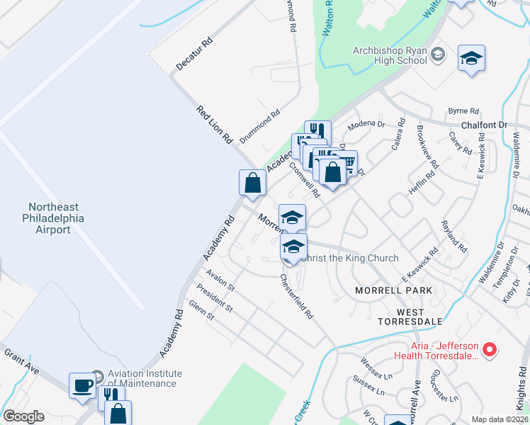map of restaurants, bars, coffee shops, grocery stores, and more near 10109 North Canterbury Road in Philadelphia