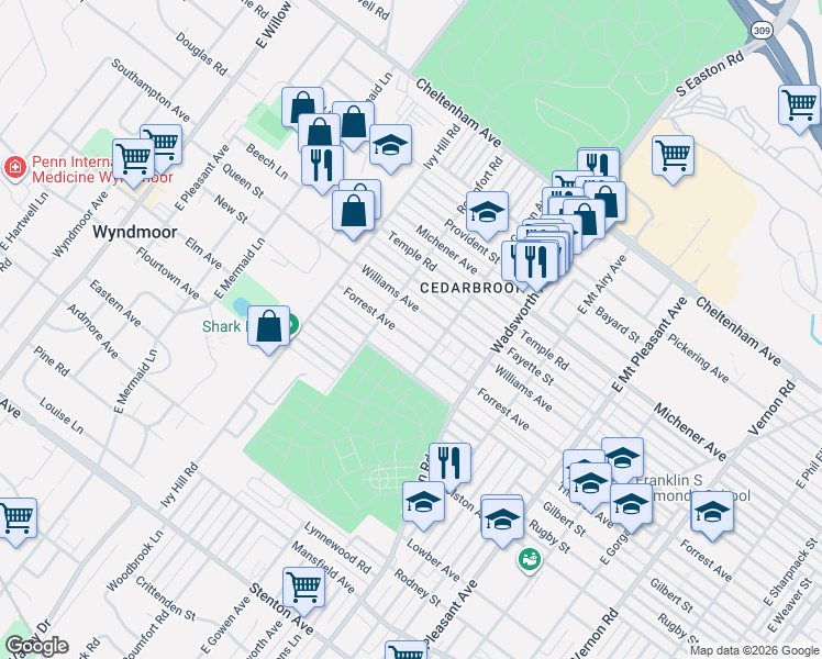 map of restaurants, bars, coffee shops, grocery stores, and more near 8533 Forrest Avenue in Philadelphia