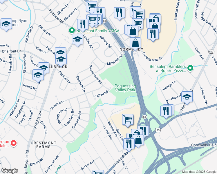 map of restaurants, bars, coffee shops, grocery stores, and more near 11738 Telfair Road in Philadelphia