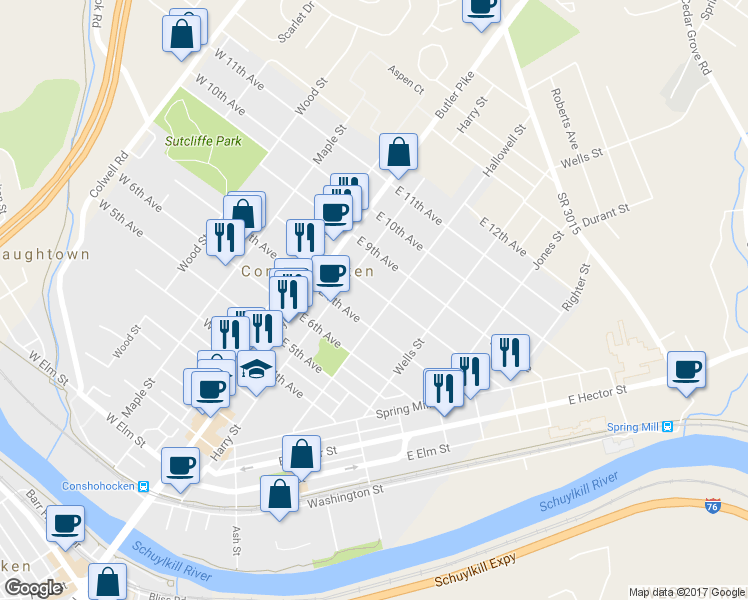 map of restaurants, bars, coffee shops, grocery stores, and more near 135 East 8th Avenue in Conshohocken