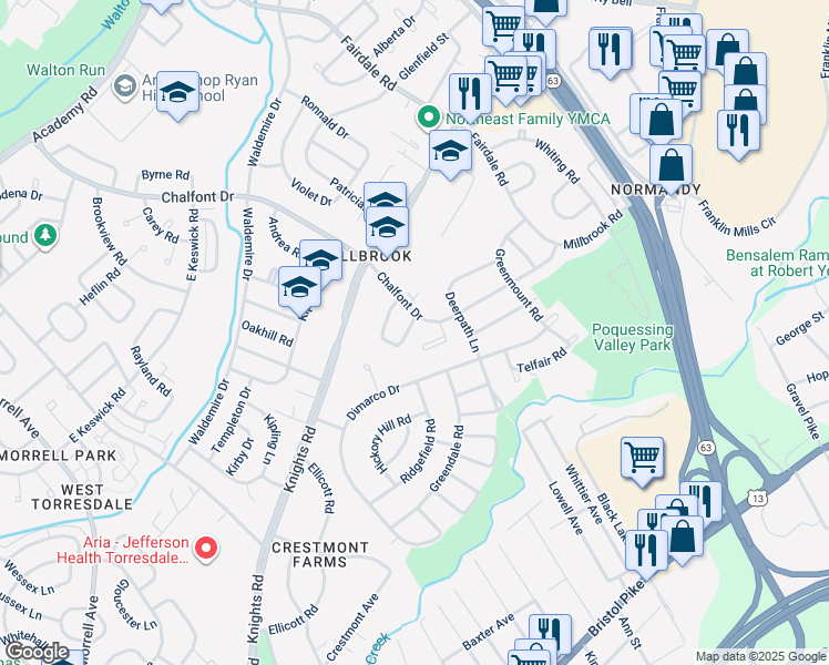 map of restaurants, bars, coffee shops, grocery stores, and more near 11145 Drake Drive in Philadelphia