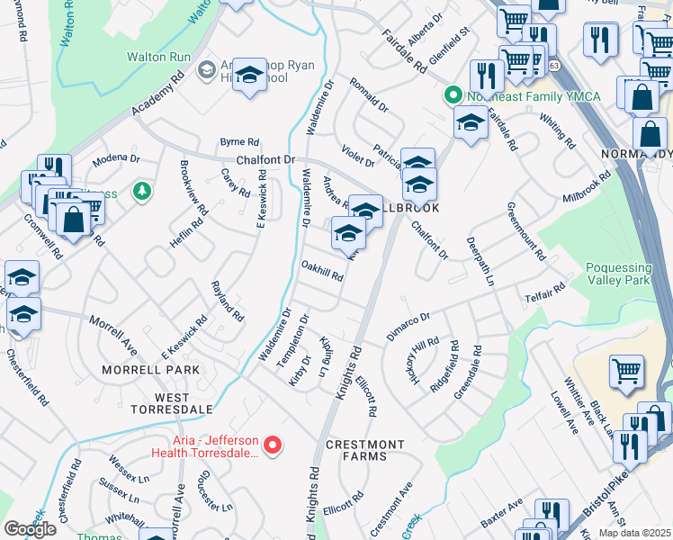 map of restaurants, bars, coffee shops, grocery stores, and more near 3815 Oakhill Road in Philadelphia