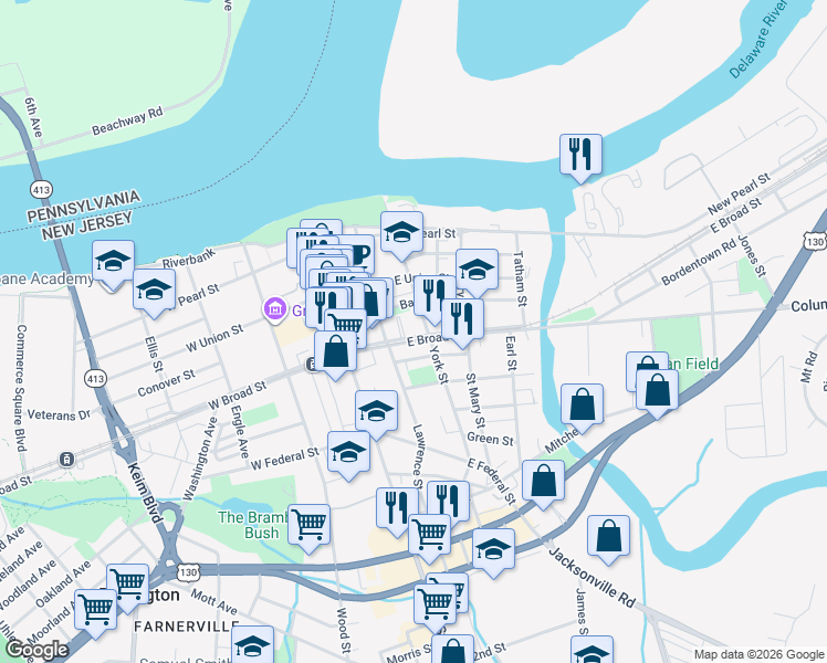 map of restaurants, bars, coffee shops, grocery stores, and more near 115 East Broad Street in Burlington