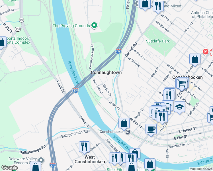 map of restaurants, bars, coffee shops, grocery stores, and more near 465 Old Elm St in Conshohocken