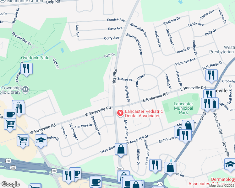 map of restaurants, bars, coffee shops, grocery stores, and more near 1933 Lititz Pike in Lancaster
