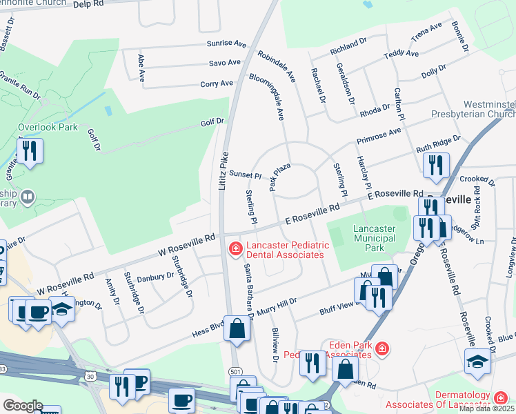 map of restaurants, bars, coffee shops, grocery stores, and more near 1913 Sterling Place in Lancaster