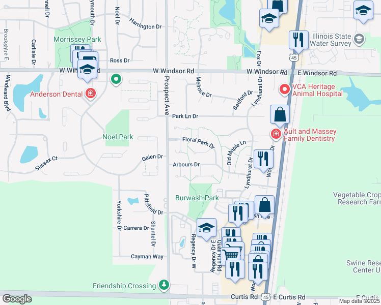 map of restaurants, bars, coffee shops, grocery stores, and more near 6 Floral Park Court in Savoy
