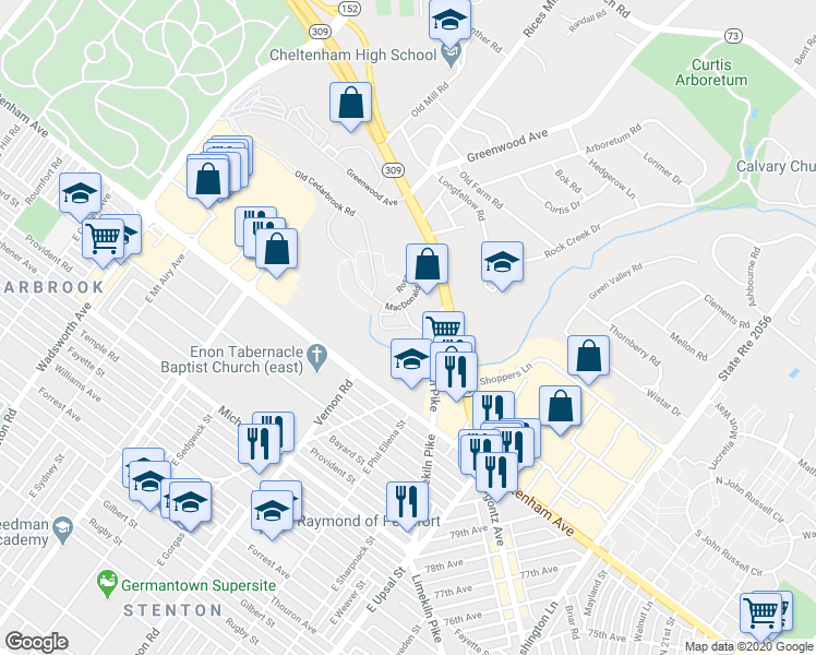 map of restaurants, bars, coffee shops, grocery stores, and more near 29 Twomey Court in Wyncote