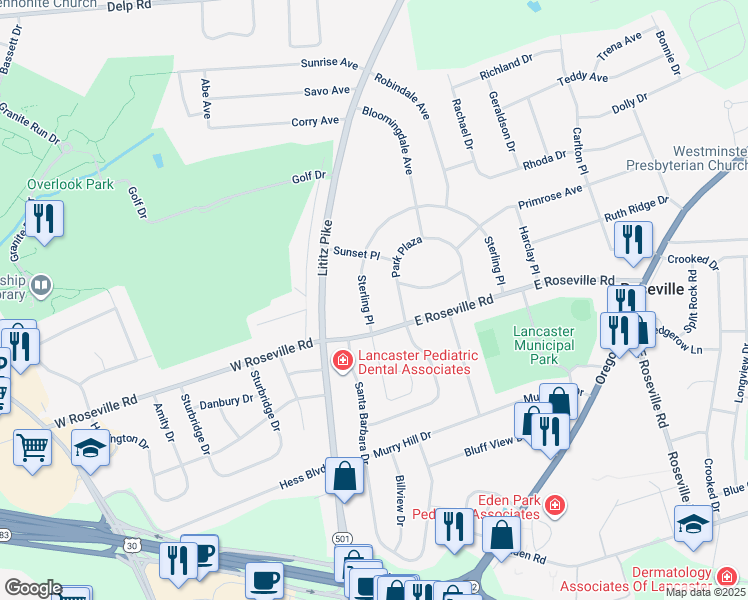 map of restaurants, bars, coffee shops, grocery stores, and more near 1913 Sterling Place in Lancaster