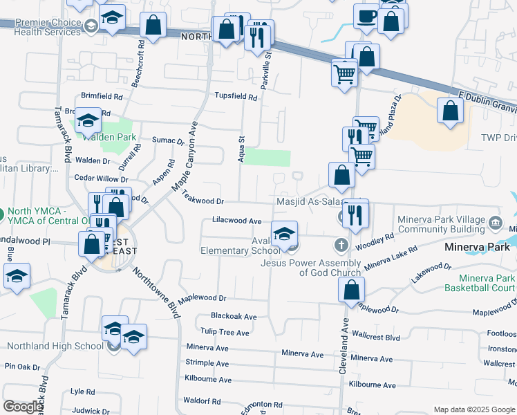 map of restaurants, bars, coffee shops, grocery stores, and more near 2255 Teakwood Drive in Columbus