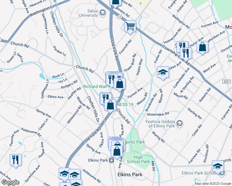 map of restaurants, bars, coffee shops, grocery stores, and more near 1 Old York Road in Elkins Park