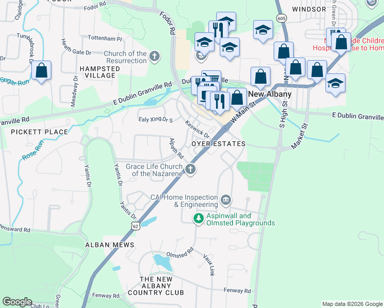 map of restaurants, bars, coffee shops, grocery stores, and more near 4 Richmond Square in New Albany