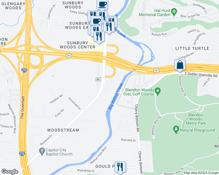 map of restaurants, bars, coffee shops, grocery stores, and more near 5900 Sunbury Road in Columbus