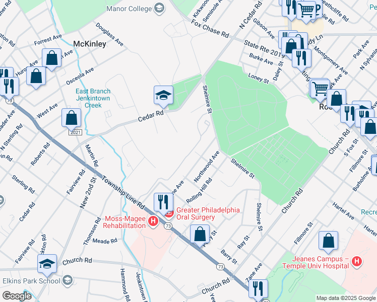 map of restaurants, bars, coffee shops, grocery stores, and more near 614 Valley Glen Road in Elkins Park