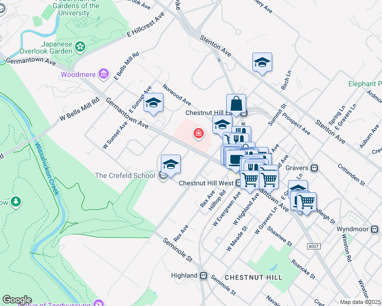 map of restaurants, bars, coffee shops, grocery stores, and more near 8828 Germantown Avenue in Philadelphia