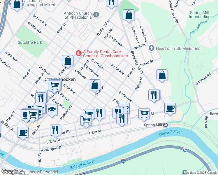 map of restaurants, bars, coffee shops, grocery stores, and more near 319 East 10th Avenue in Conshohocken