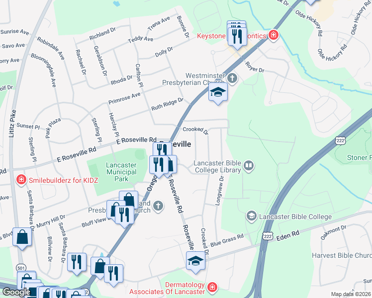 map of restaurants, bars, coffee shops, grocery stores, and more near 1933 Oregon Pike in Lancaster