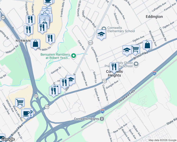 map of restaurants, bars, coffee shops, grocery stores, and more near 1138 Sunset Lane in Bensalem