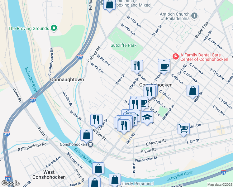 map of restaurants, bars, coffee shops, grocery stores, and more near 228 West 4th Avenue in Conshohocken