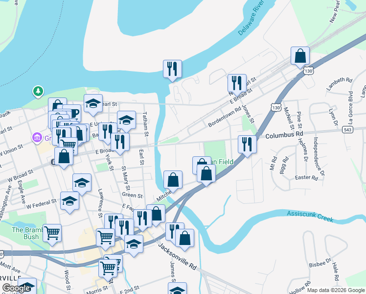 map of restaurants, bars, coffee shops, grocery stores, and more near 506 County Route 655 in Burlington