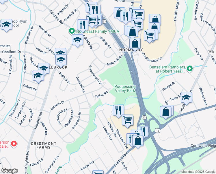 map of restaurants, bars, coffee shops, grocery stores, and more near 11738 Telfair Road in Philadelphia