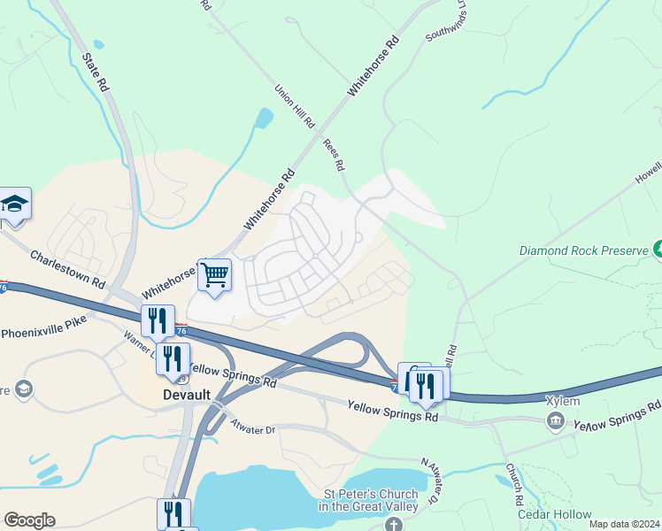 map of restaurants, bars, coffee shops, grocery stores, and more near 155 Spring Oak Drive in Malvern