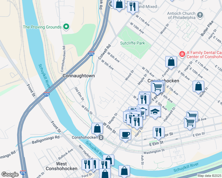 map of restaurants, bars, coffee shops, grocery stores, and more near 322 West 3rd Avenue in Conshohocken