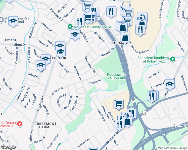 map of restaurants, bars, coffee shops, grocery stores, and more near 11748 Dimarco Drive in Philadelphia