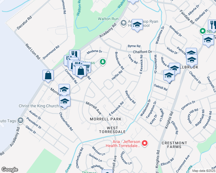 map of restaurants, bars, coffee shops, grocery stores, and more near 10710 Pelle Circle in Philadelphia
