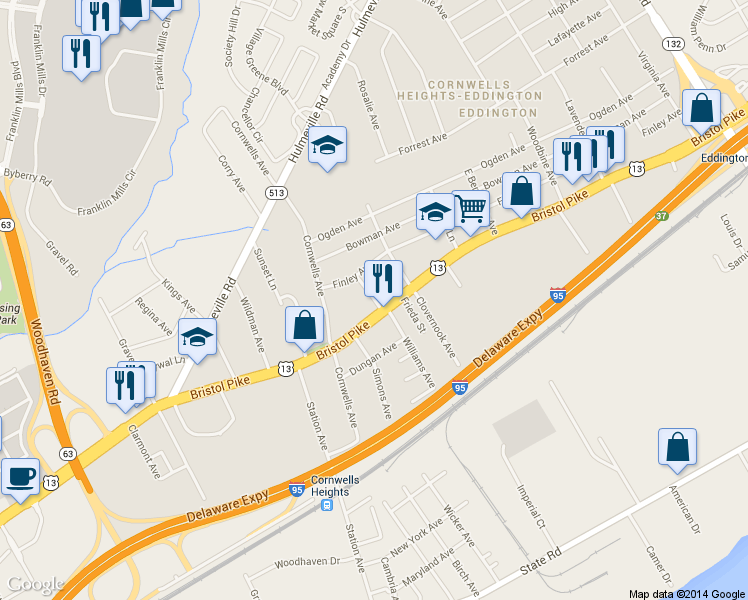map of restaurants, bars, coffee shops, grocery stores, and more near 1030 Johanna Avenue in Bensalem