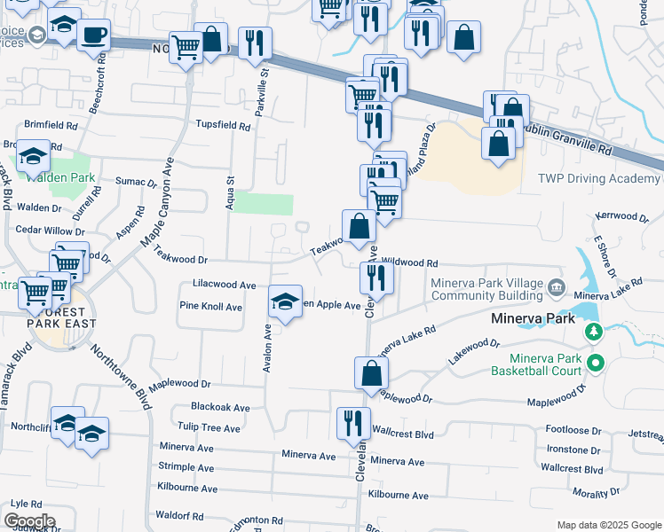 map of restaurants, bars, coffee shops, grocery stores, and more near 2496 Mallards Landing in Columbus