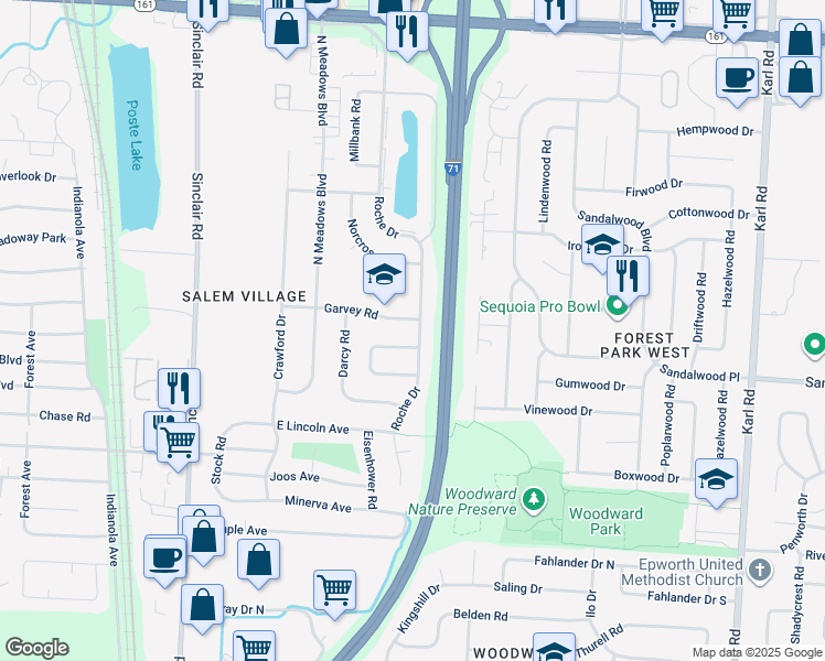 map of restaurants, bars, coffee shops, grocery stores, and more near 5475 Roche Drive in Columbus
