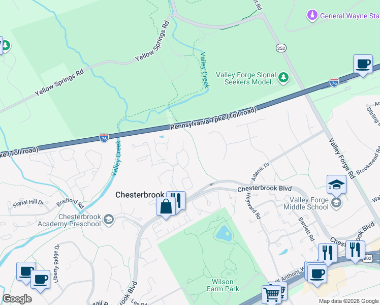 map of restaurants, bars, coffee shops, grocery stores, and more near 38 Treaty Drive in Chesterbrook