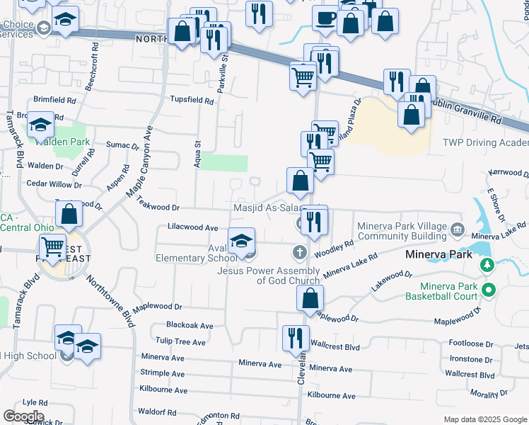 map of restaurants, bars, coffee shops, grocery stores, and more near 38 Mallards Landing in Columbus