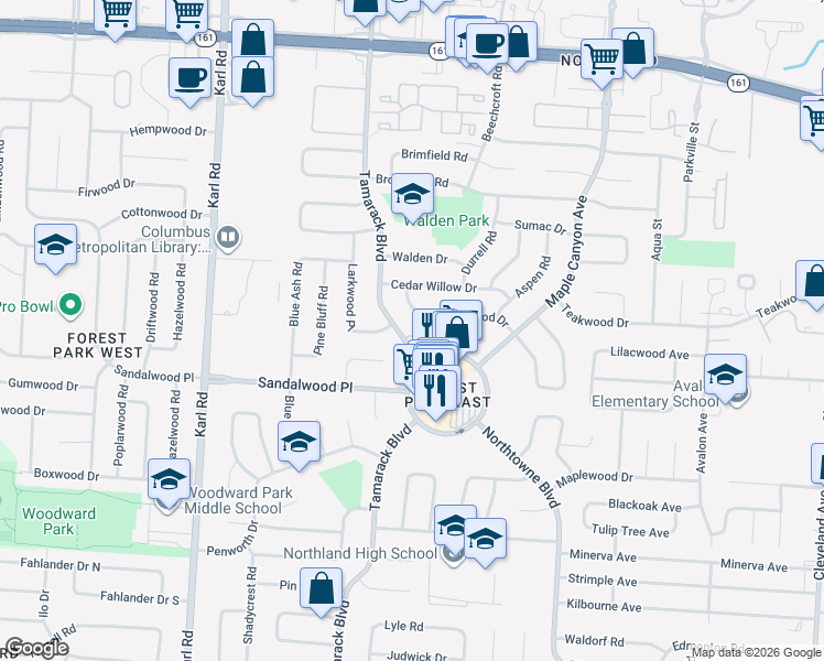map of restaurants, bars, coffee shops, grocery stores, and more near 1860 Tamarack Circle North in Columbus