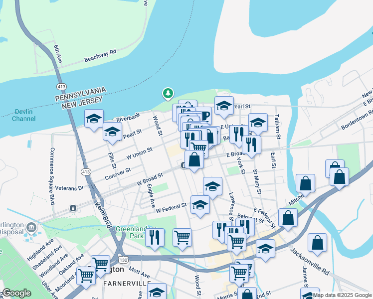 map of restaurants, bars, coffee shops, grocery stores, and more near 328 High Street in Burlington
