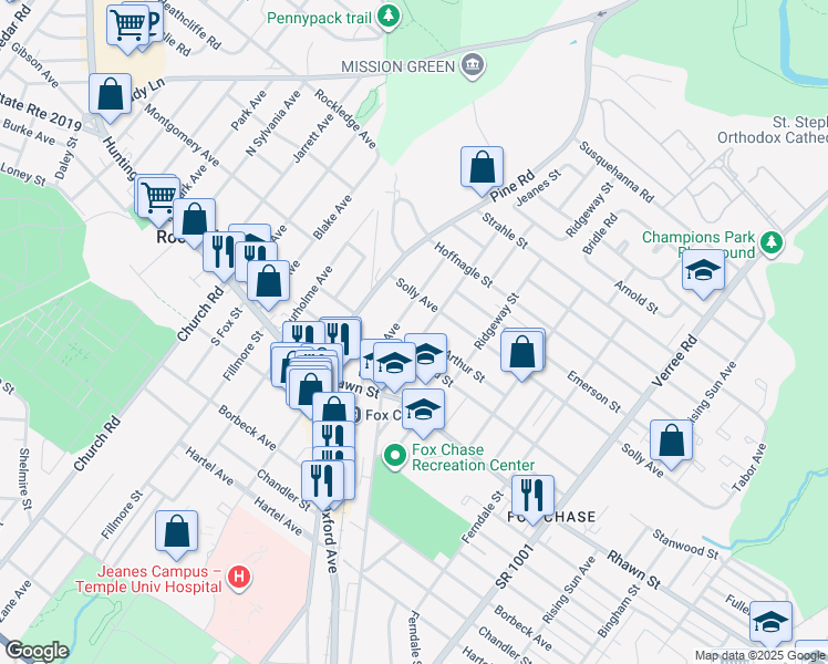 map of restaurants, bars, coffee shops, grocery stores, and more near 8116 Jeanes Street in Philadelphia