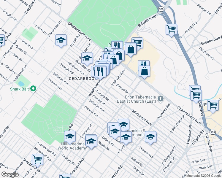 map of restaurants, bars, coffee shops, grocery stores, and more near 1503 East Mount Airy Avenue in Philadelphia