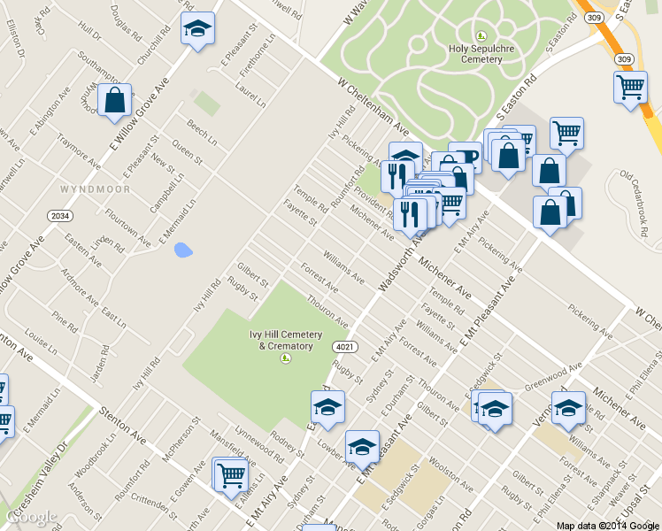 map of restaurants, bars, coffee shops, grocery stores, and more near 8533 Forrest Avenue in Philadelphia