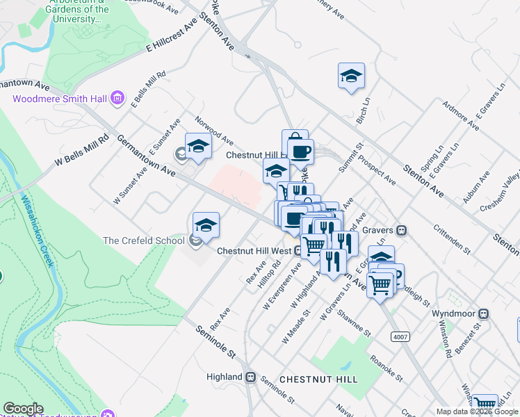 map of restaurants, bars, coffee shops, grocery stores, and more near 10 East Chestnut Hill Avenue in Philadelphia