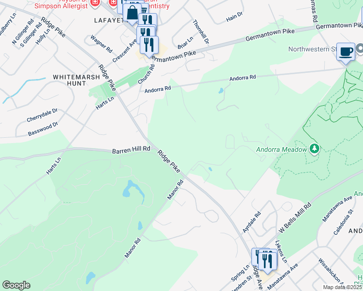 map of restaurants, bars, coffee shops, grocery stores, and more near 801 Ridge Pike in Lafayette Hill