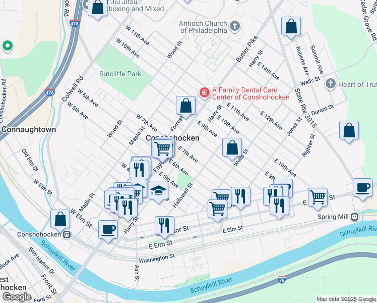 map of restaurants, bars, coffee shops, grocery stores, and more near 711 Harry Street in Conshohocken