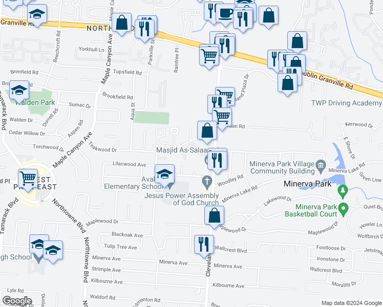 map of restaurants, bars, coffee shops, grocery stores, and more near 2496 Mallards Landing in Columbus