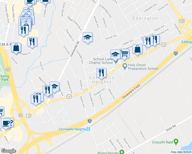 map of restaurants, bars, coffee shops, grocery stores, and more near 1035 Johanna Avenue in Bensalem