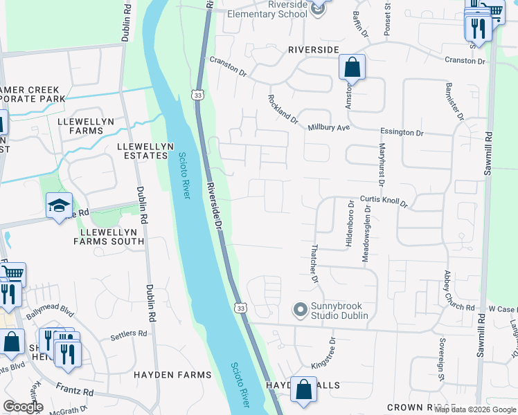 map of restaurants, bars, coffee shops, grocery stores, and more near 6053 Deer Bluff Place in Dublin